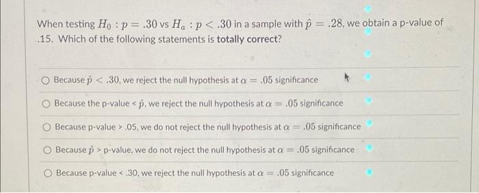 When Testing Ho P 30 Vs H P 30 In A Sample With P 28 We Obtain A P Value Of 15 Which Of The Following Statem 1