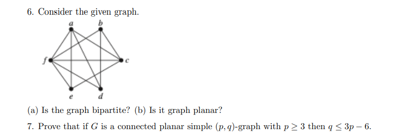 6 Consider The Given Graph A Is The Graph Bipartite B Is It Graph Planar 7 Prove That If G Is A Connected Plana 1