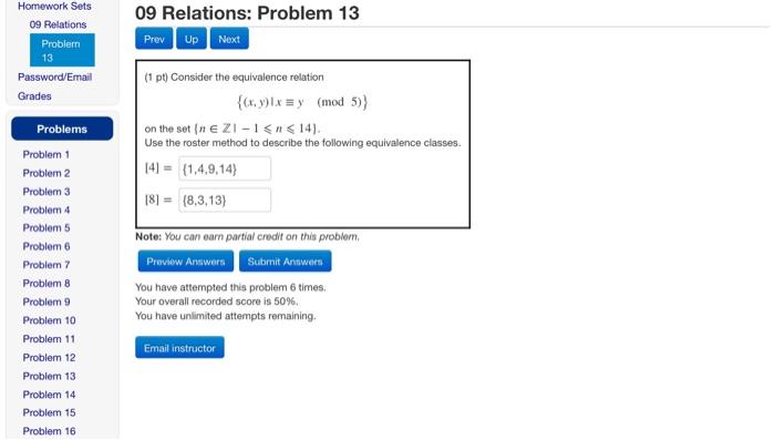 09 Relations Problem 13 Prev Up Next Homework Sets 09 Relations Problem 13 Password Email Grades 1 Pt Consider The Eq 1