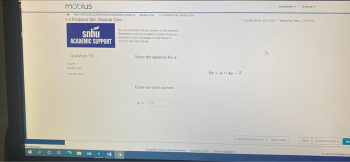 Mobius 1 4 Problem Sol Module One Snhu Academic Support Question Is Solve The Equation For 947 Enter That We Po 1