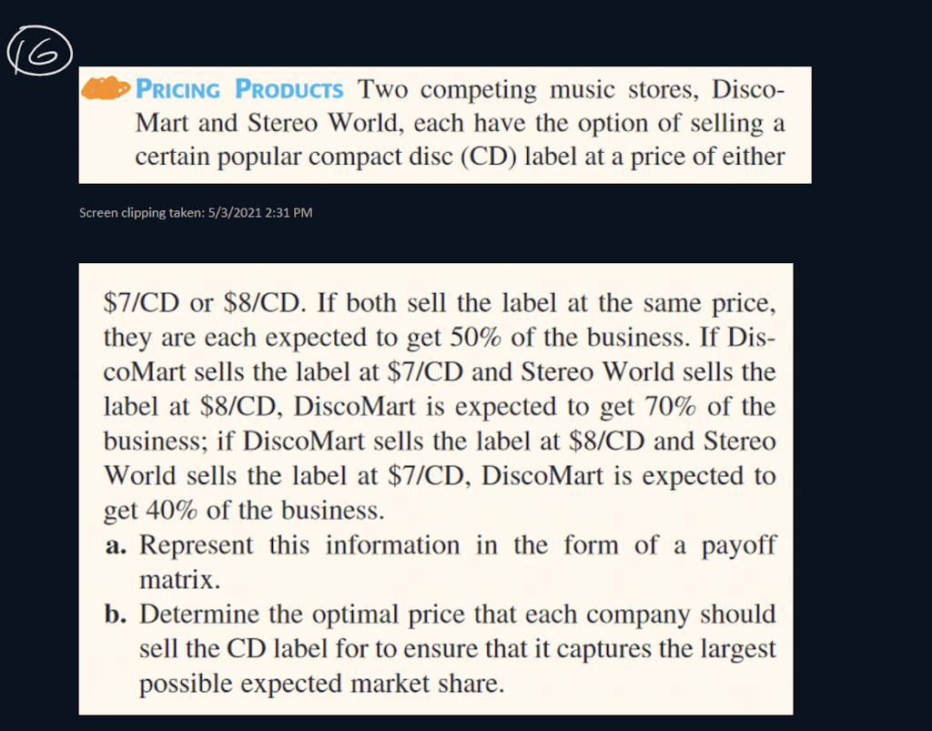 Pricing Products Two Competing Music Stores Disco Mart And Stereo World Each Have The Option Of Selling A Certain Pop 1