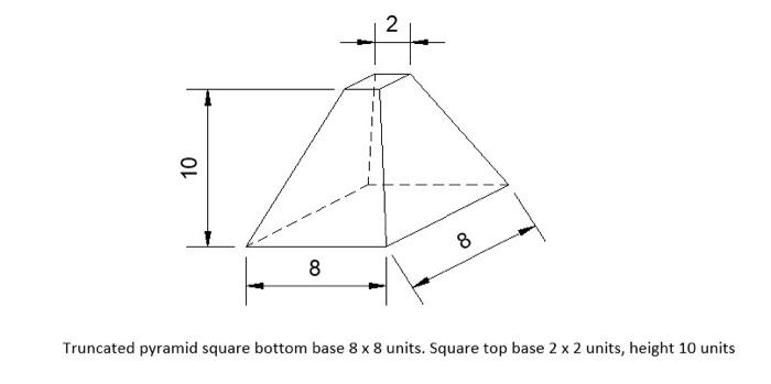 2 10 8 8 Truncated Pyramid Square Bottom Base 8 X 8 Units Square Top Base 2 X 2 Units Height 10 Units 1