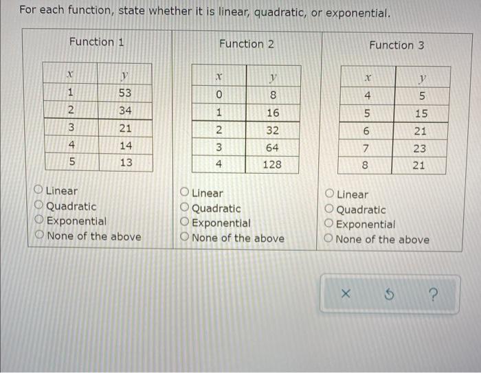 For Each Function State Whether It Is Linear Quadratic Or Exponential Function 1 Function 2 Function 3 X X X 1 Y 8 1