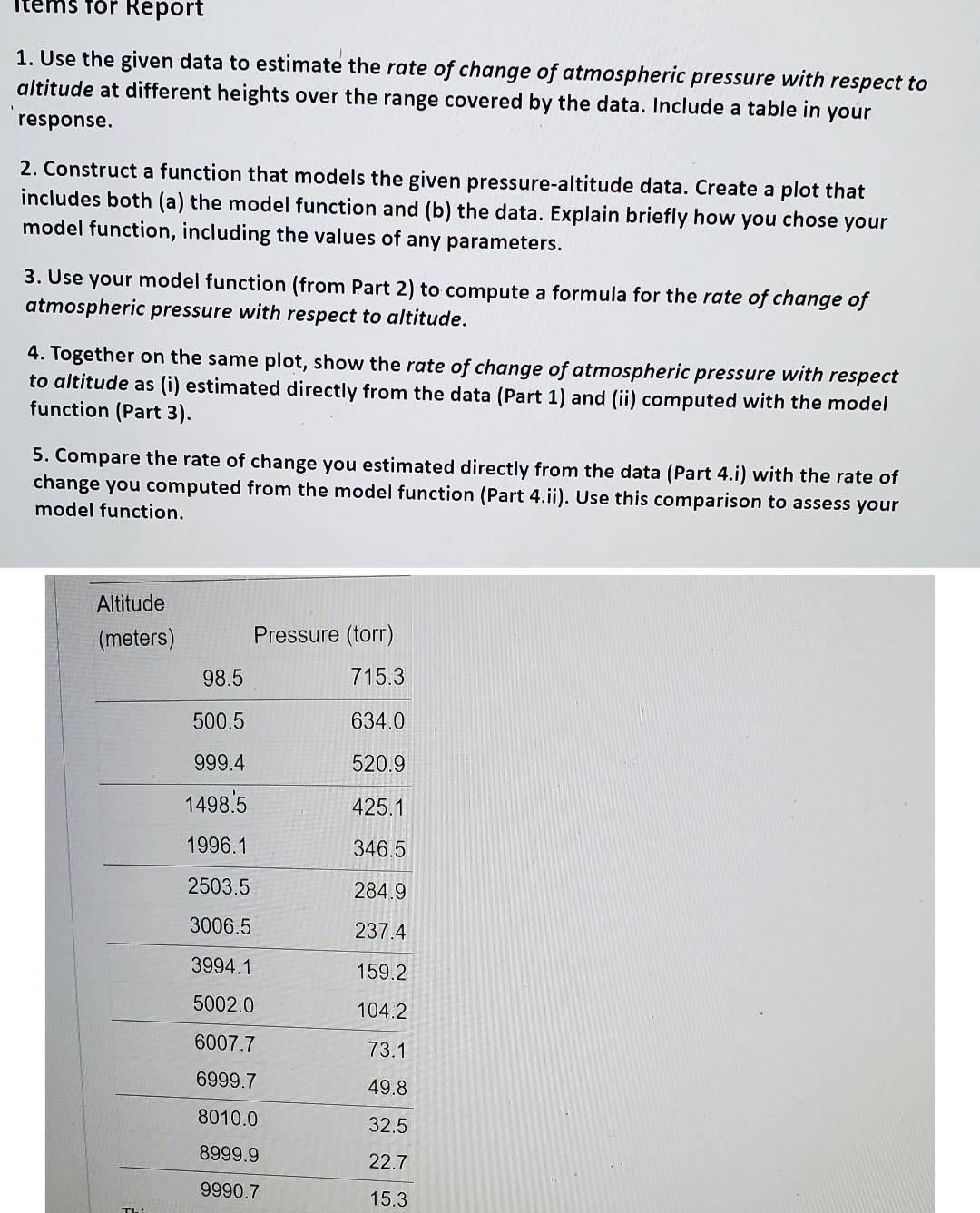Items For Report 1 Use The Given Data To Estimate The Rate Of Change Of Atmospheric Pressure With Respect To Altitude A 1