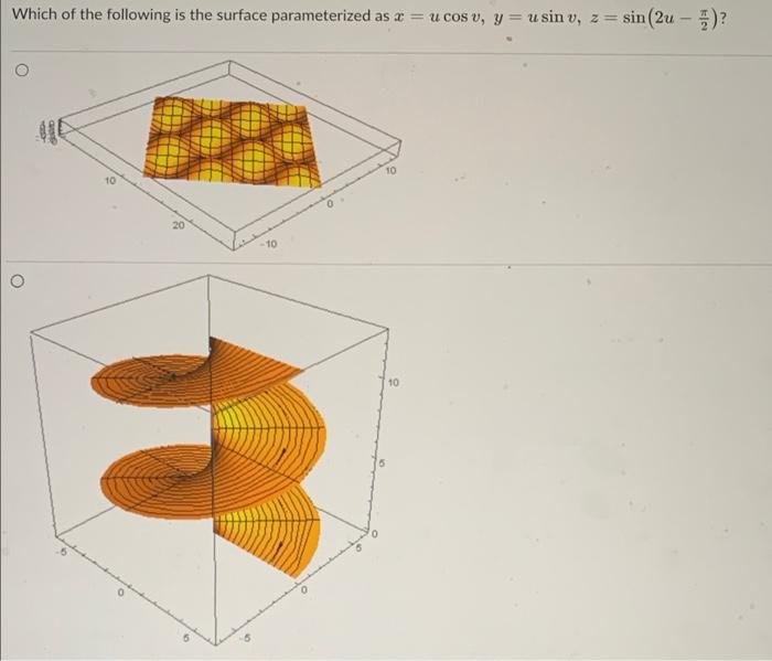 Which Of The Following Is The Surface Parameterized As A U Cos V Y U Sin V Z Sin 2u To To 10 10 O 10 N To 1