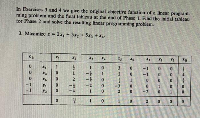In Exercises 3 And 4 We Give The Original Objective Function Of A Linear Program Ming Problem And The Final Tableau At 1