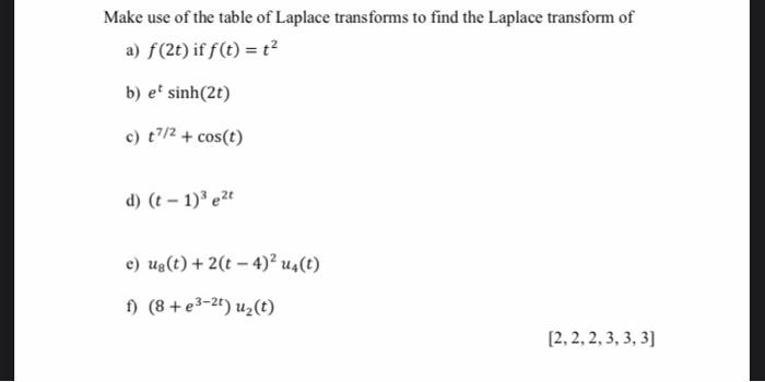 Make Use Of The Table Of Laplace Transforms To Find The Laplace Transform Of A F 2t If F T T B Eo Sinh 2t C 47 1