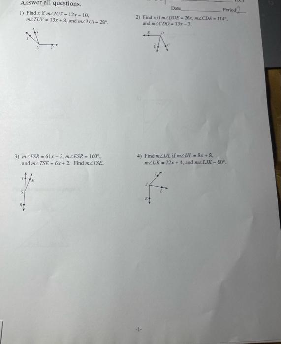 Answer All Questions 1 Find Xif Mziuv 12x 10 Mztuv 13x 8 And Mztut 28 Date Period 2 Find X If Mlode 26 M 1