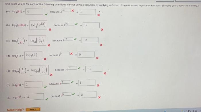 Find Exact Values For Each Of The Following Quantities Without Using A Calculator By Applying Definition Of Logarithms A 1
