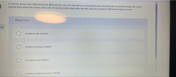 A Concert Venue Sells 1000 Tickets For 10 Each For Concerts That Will Occur During The Year Assuming The Accountant Ma 1