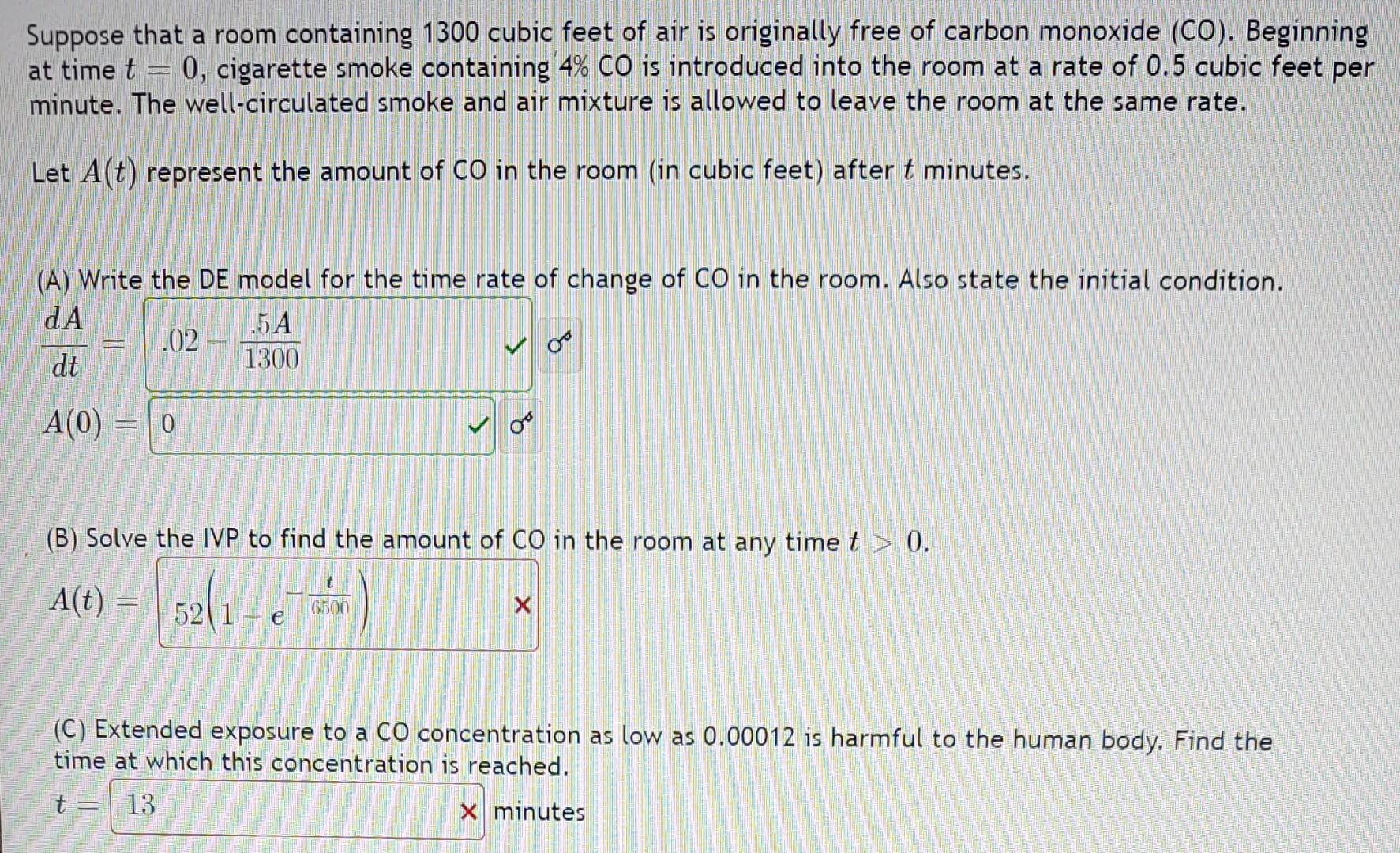 Suppose That A Room Containing 1300 Cubic Feet Of Air Is Originally Free Of Carbon Monoxide Co Beginning At Timet 0 1
