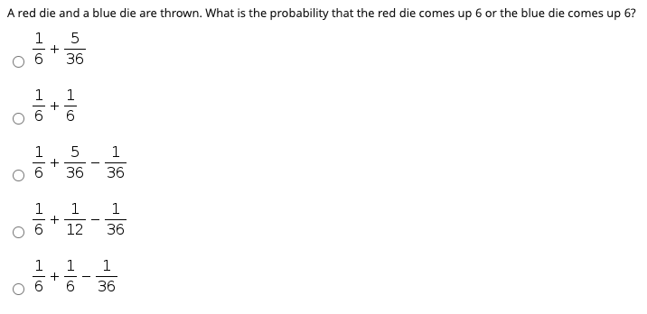 A Red Die And A Blue Die Are Thrown What Is The Probability That The Red Die Comes Up 6 Or The Blue Die Comes Up 6 1 5 1