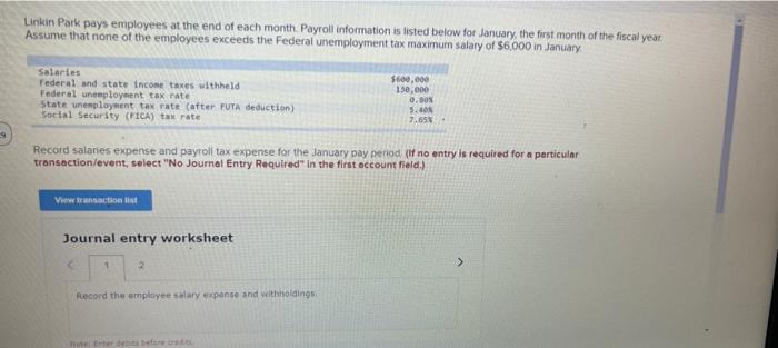 Linkin Park Pays Employees At The End Of Each Month Payroll Information Is Listed Below For January The First Month Of 1