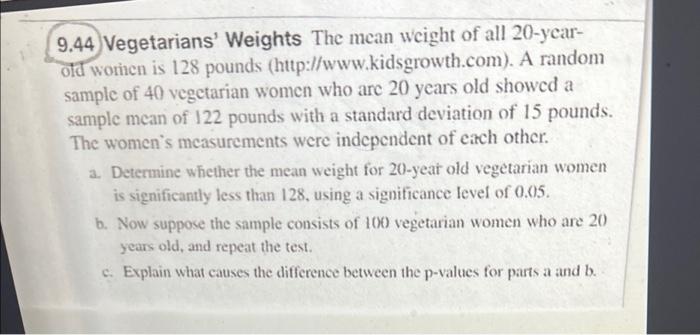 A 9 44 Vegetarians Weights The Mean Weight Of All 20 Year Old Women Is 128 Pounds Http Www Kidsgrowth Com A Rando 1