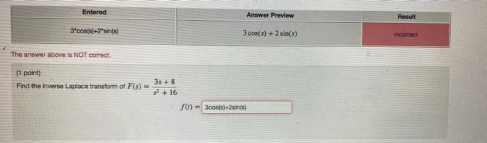 Entered Answer Preview Result 3c06 S 2 Sin S 3 Cos S 2 Sin S Incorrect The Answer Above Is Not Correct 1 Point 1
