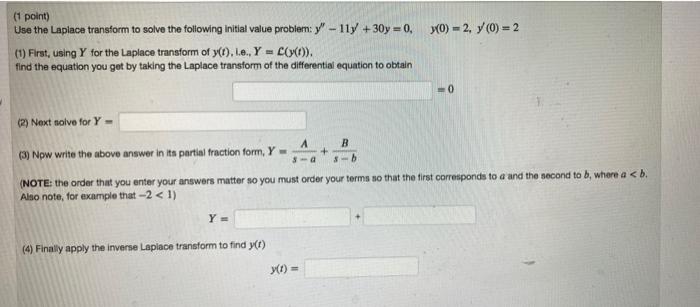 Wo 2 Y 0 2 1 Point Use The Laplace Transform To Solve The Following Initial Value Problem Y 114 30y 0 1