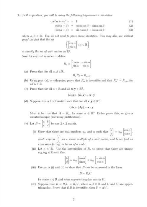 1 In This Question You Will Be Using The Following Trigonometric Identities Wa Sina 1 1 Cos 3 Cos Co Sino Sin 1