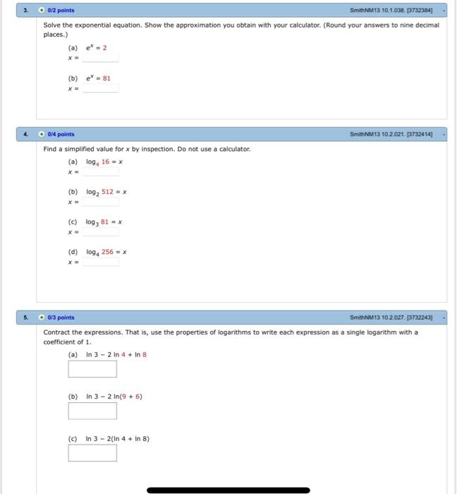 0 2 Points Smnm 13 10 1 038 37323841 Solve The Exponential Equation Show The Approximation You Obtain With Your Calcula 1