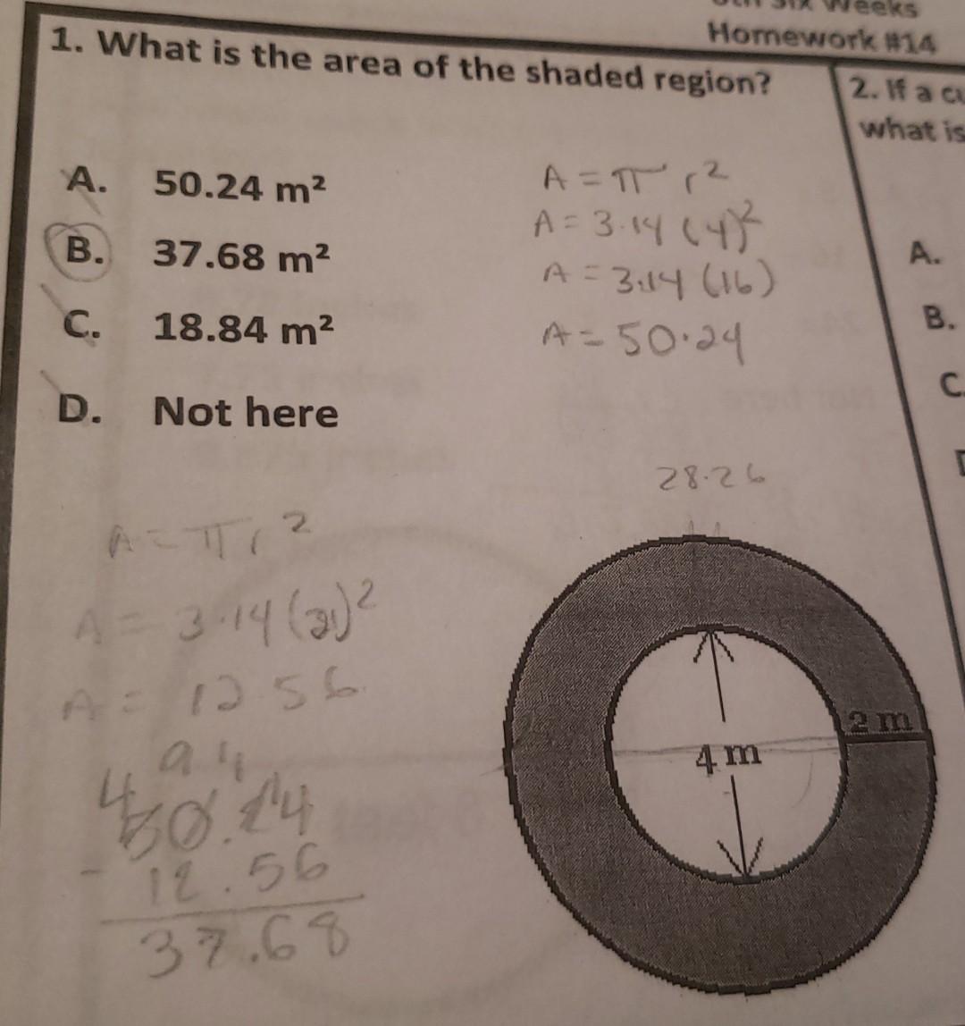 Neeks Homework 14 1 What Is The Area Of The Shaded Region 2 If A Cx What Is A 50 24 M2 B 37 68 M2 A Tr A 3 14 4 1