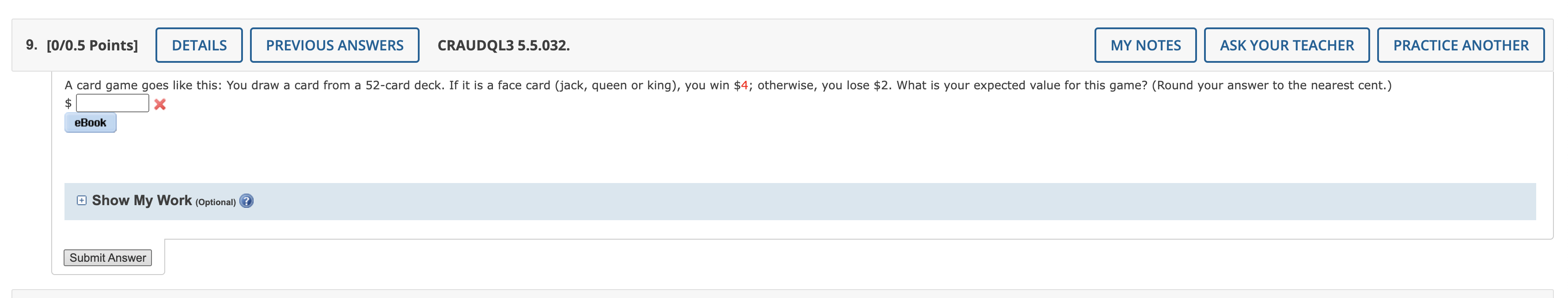 9 0 0 5 Points Details Previous Answers Craudql3 5 5 032 My Notes Ask Your Teacher Practice Another A Card Game Goes 1