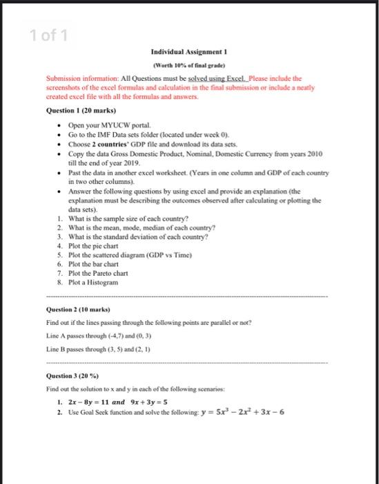 1 Of 1 Individual Assignment 1 Worth 10 Of Final Grade Submission Information All Questions Must Be Solved Using Exc 1