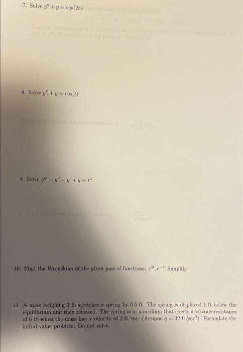 7 Solve Y Y Cos 21 8 Solve Y Y Cos T 9 Solve Y V Y Y 42 10 Find The Wronskion Of The Given Puit Of F 1