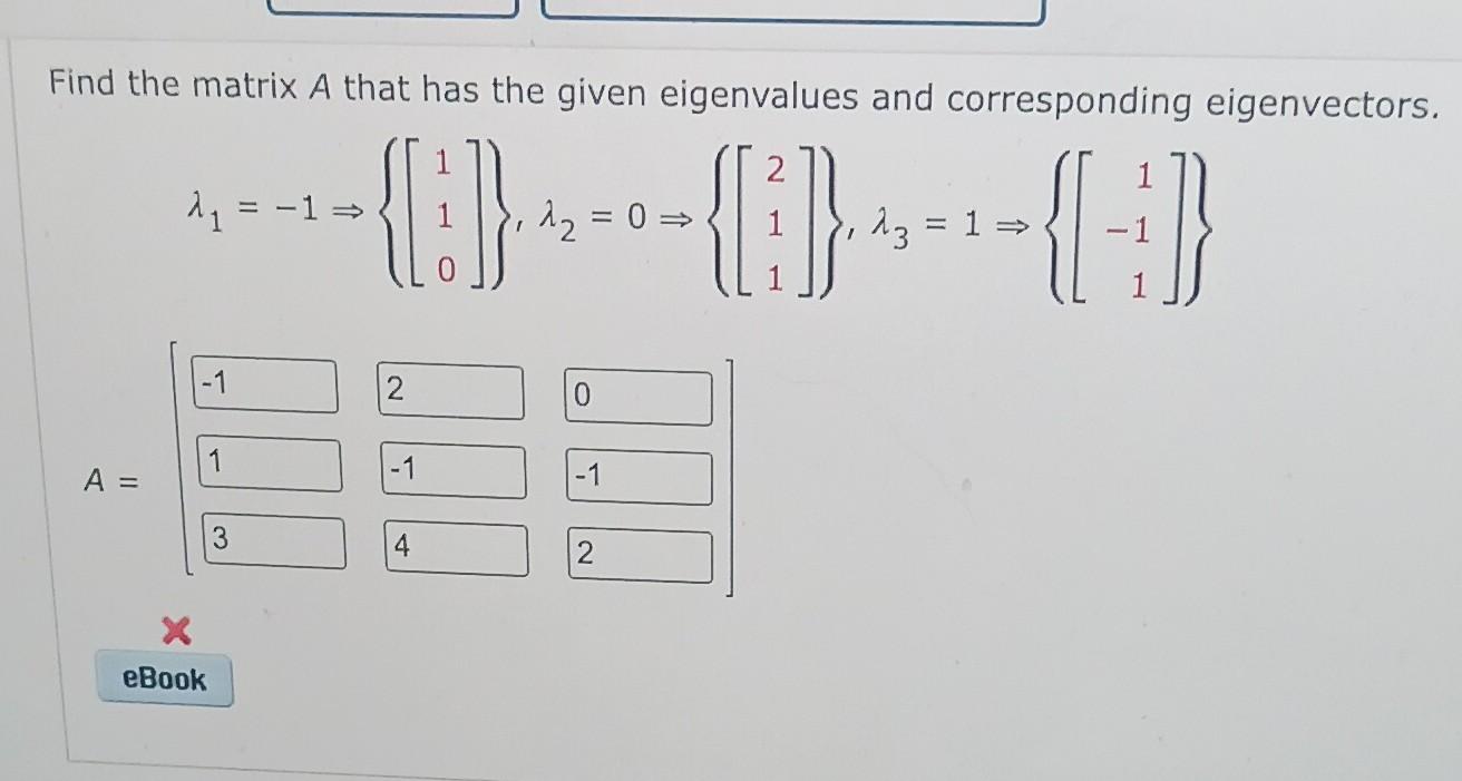 Find The Matrix A That Has The Given Eigenvalues And Corresponding Eigenvectors 2 1 11 1 Az 0 13 1 1