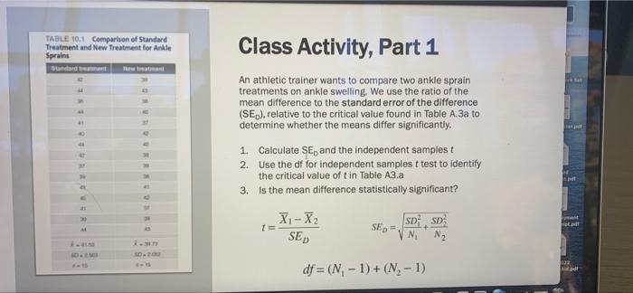 Table 101 Comparison Of Standard Treatment And New Treatment For Ankle Sprin Class Activity Part 1 An Athletic Trainer 3
