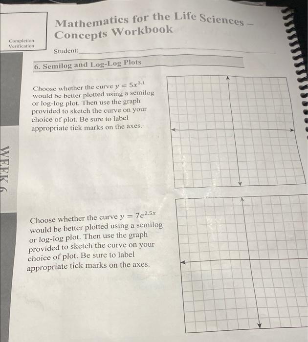 Mathematics For The Life Sciences Concepts Workbook Completion Verification Student 6 Semilog And Log Log Plots Choo 1