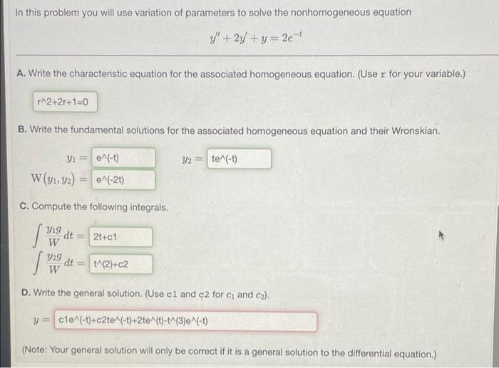 In This Problem You Will Use Variation Of Parameters To Solve The Nonhomogeneous Equation Y 2y Y 2e A Write The Char 1