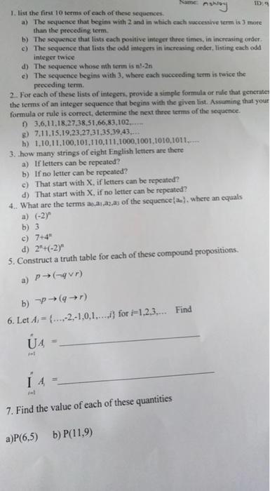 Na Id 9 Ashley 1 List The First 10 Terms Of Each Of These Sequences A The Sequence That Begins With 2 And In Which Cac 1
