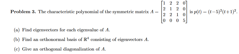 Problem 3 The Characteristic Polynomial Of The Symmetric Matrix A Si 2 2 0 2 1 2 0 Is P T T 52 T 1 2 2 1 0 0 0 1