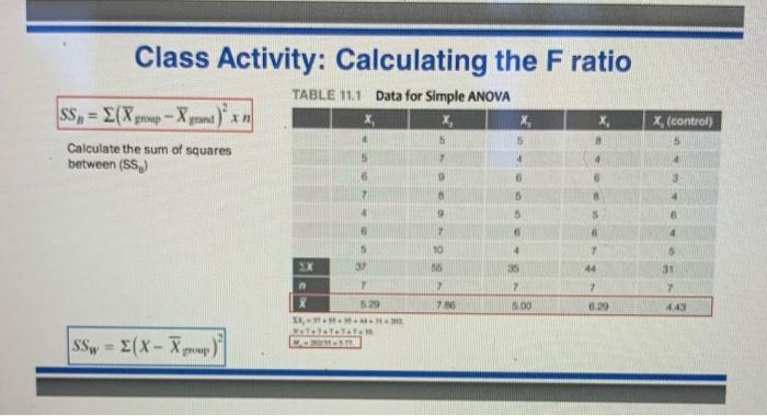 Class Activity Calculating The F Ratio Ss E Xermup X Grund Xn Table 11 1 Data For Simple Anova X X X 5 X X Co 1