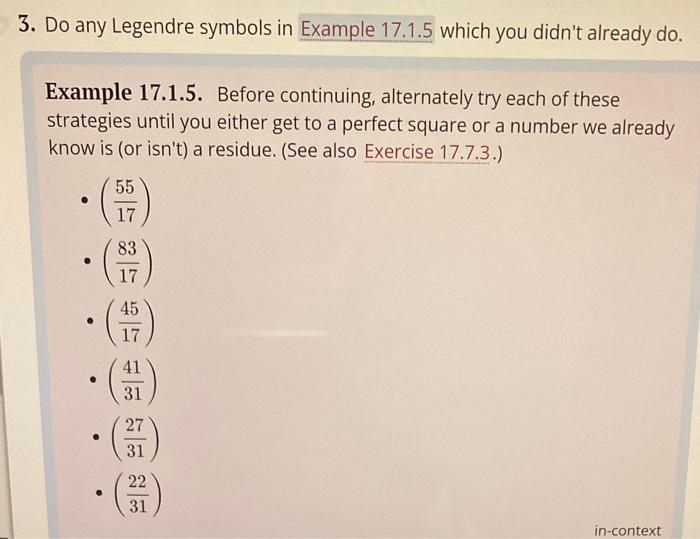 3 Do Any Legendre Symbols In Example 17 1 5 Which You Didn T Already Do Example 17 1 5 Before Continuing Alternately 1