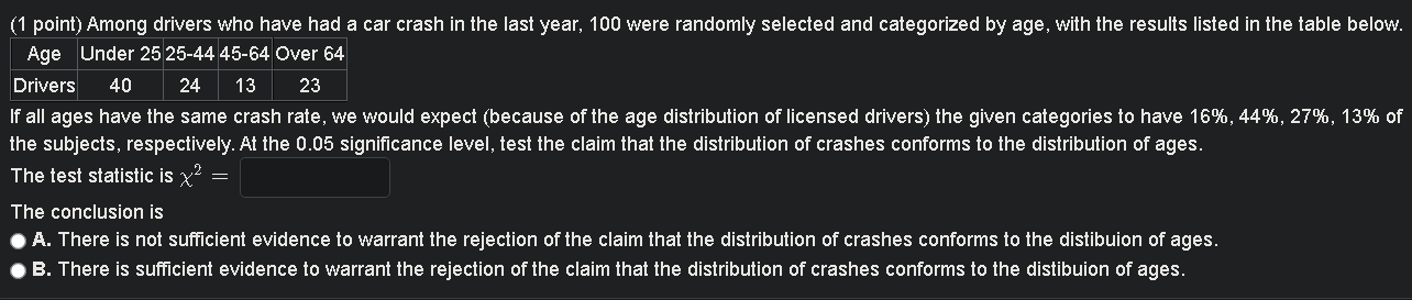 1 Point Among Drivers Who Have Had A Car Crash In The Last Year 100 Were Randomly Selected And Categorized By Age Wi 1