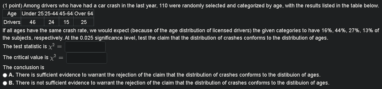 1 Point Among Drivers Who Have Had A Car Crash In The Last Year 110 Were Randomly Selected And Categorized By Age Wi 1