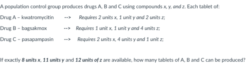 A Population Control Group Produces Drugs A B And C Using Compounds X Y And Z Each Tablet Of Drug A Kwatromycitin R 1