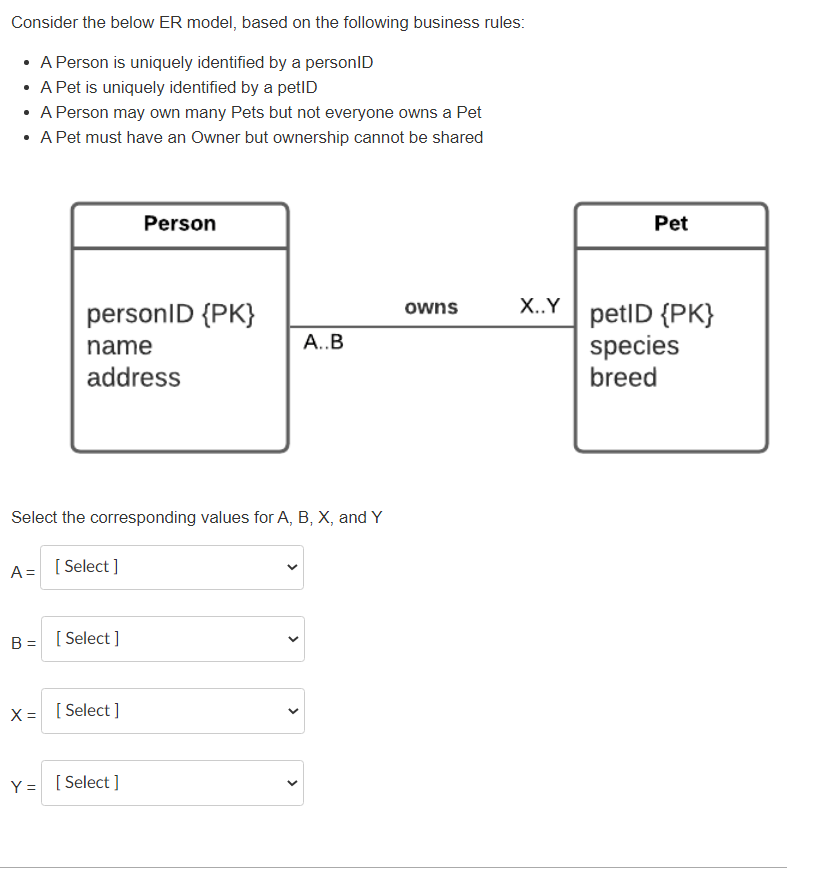 Consider The Below Er Model Based On The Following Business Rules A Person Is Uniquely Identified By A Personld A Pet 1