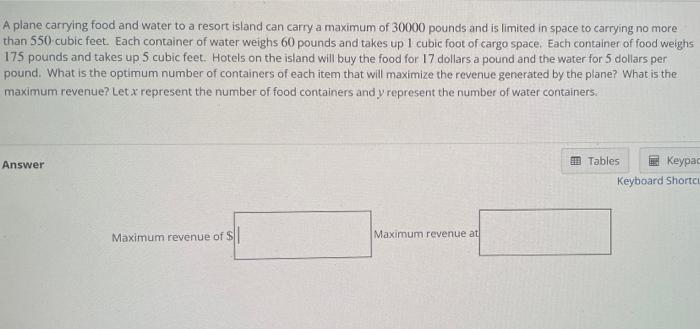A Plane Carrying Food And Water To A Resort Island Can Carry A Maximum Of 30000 Pounds And Is Limited In Space To Carryi 1