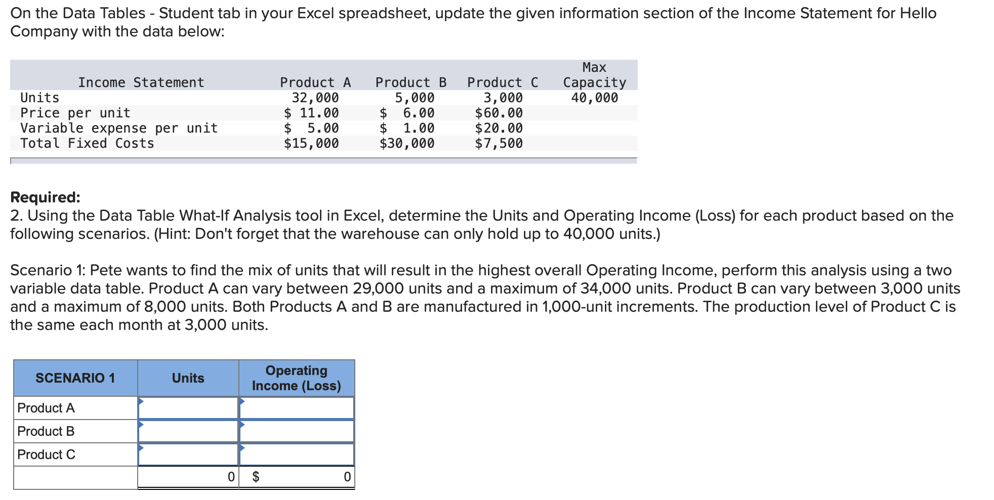 On The Data Tables Student Tab In Your Excel Spreadsheet Update The Given Information Section Of The Income Statement 1