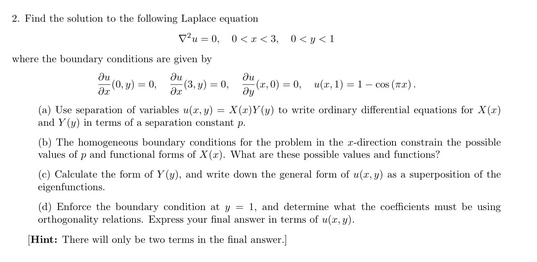 Ou 0 Y 0 2 Find The Solution To The Following Laplace Equation V 0 0 X 3 0 Y 1 Where The Boundary Conditions Are 1