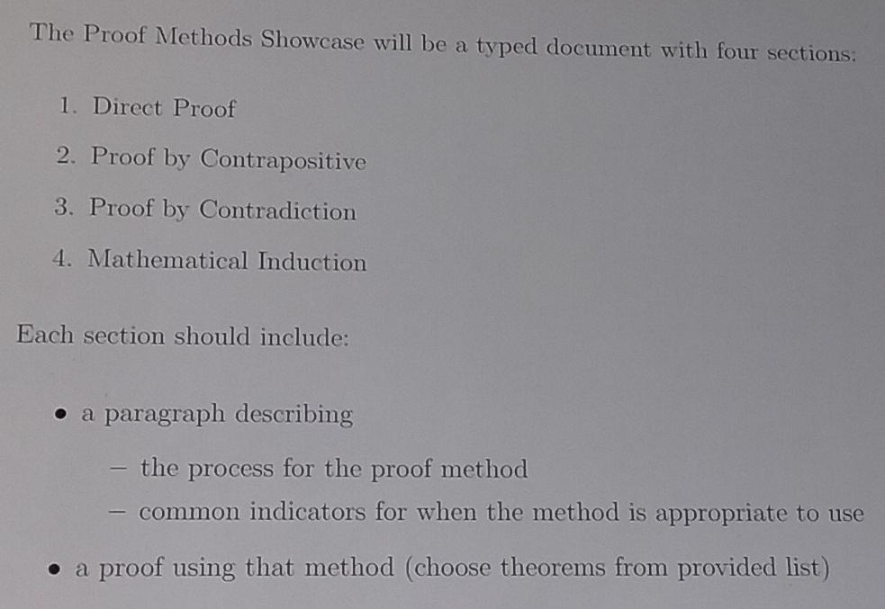 The Proof Methods Showcase Will Be A Typed Document With Four Sections 1 Direct Proof 2 Proof By Contrapositive 3 Pr 1