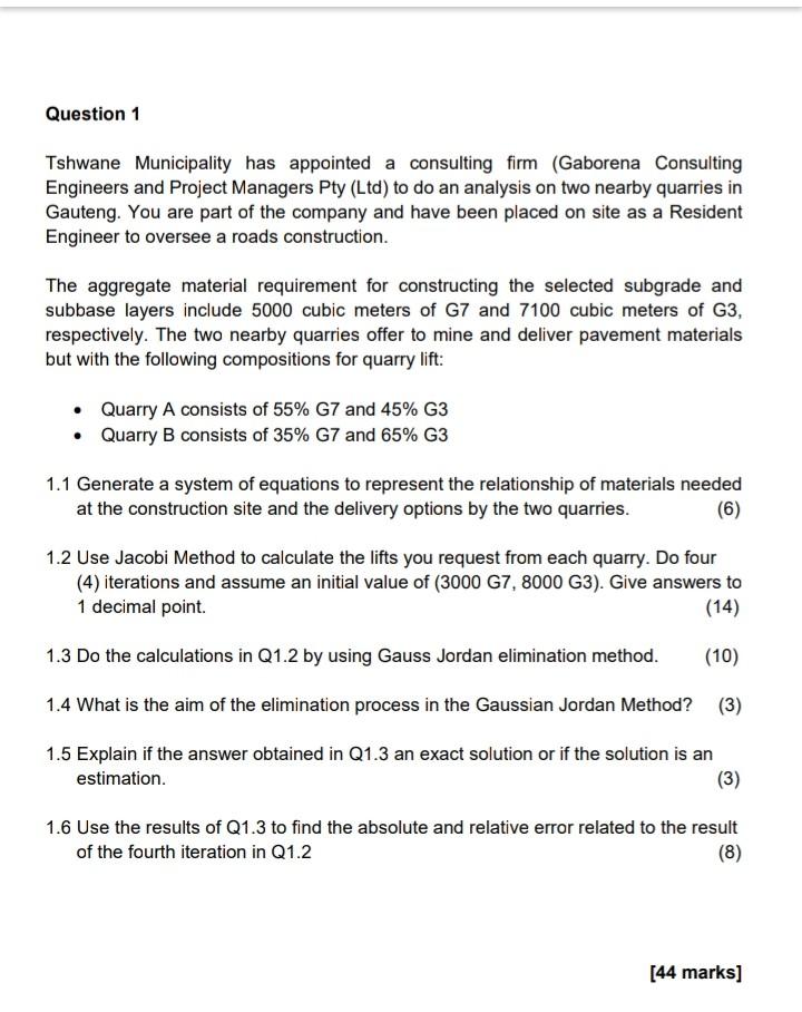 Question 1 Tshwane Municipality Has Appointed A Consulting Firm Gaborena Consulting Engineers And Project Managers Pty 1