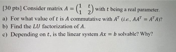 30 Pts Consider Matrix A 1 2 With T Being A Real Parameter A A For What Value Of T Is A Commutative Wi 1