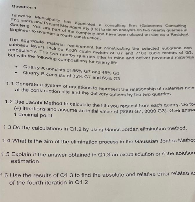 Question 1 Tshwane Municipality Has Appointed A Consulting Firm Gaborena Consulting Engineers And Project Managers Pty 1