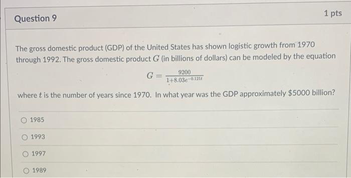 1 Pts Question 9 The Gross Domestic Product Gdp Of The United States Has Shown Logistic Growth From 1970 Through 1992 1