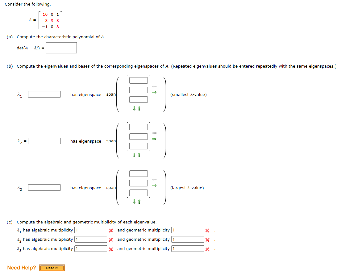 Consider The Following 10 01 8 9 8 A 1 0 8 A Compute The Characteristic Polynomial Of A Det A Ai B Compute 1
