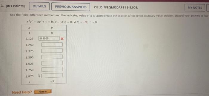3 0 1 Points Details Previous Answers Zilldiffeqmodap11 9 5 008 My Notes Use The Finite Difference Method And The In 1