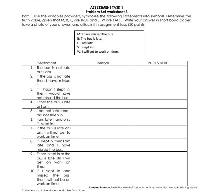 Assessment Task 1 Problem Set Worksheet 3 Part 1 Use The Variables Provided Symbolize The Following Statements Into Sy 1