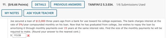 11 0 6 66 Points Details Previous Answers Tanfin12 5 3 034 1 6 Submissions Used My Notes Ask Your Teacher Joe Secure 1
